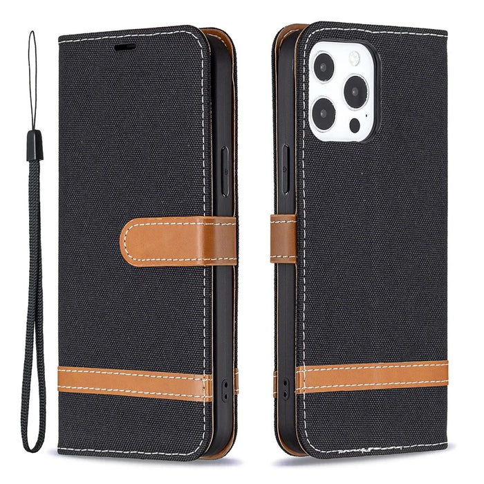 For iPhone 13 Pro Max 6.7 inch Wallet Design Drop-Proof Jeans Cloth Splicing Leather Stand Phone Cover - Black - 1