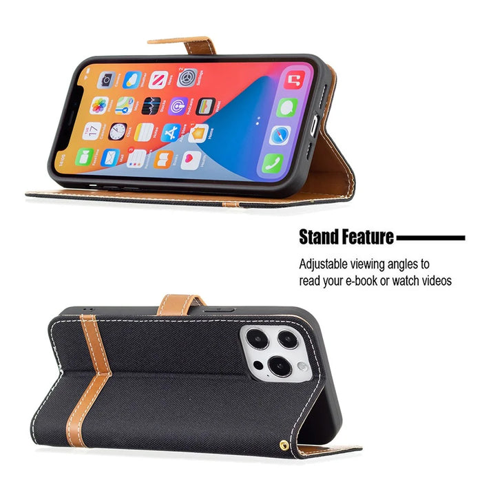 For iPhone 13 Pro Max 6.7 inch Wallet Design Drop-Proof Jeans Cloth Splicing Leather Stand Phone Cover - Black - 4