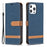 Color Splicing Jeans Cloth Coated PU Leather Phone Case Cover with Wallet Stand for iPhone 13 Pro - Dark Blue - 1