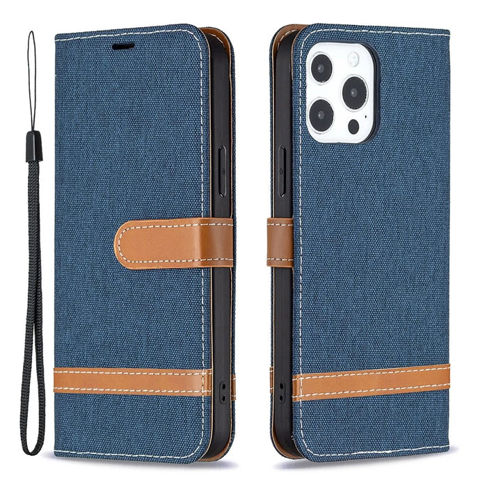 Color Splicing Jeans Cloth Coated PU Leather Phone Case Cover with Wallet Stand for iPhone 13 Pro - Dark Blue - 1