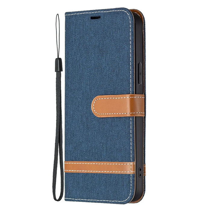 Color Splicing Jeans Cloth Coated PU Leather Phone Case Cover with Wallet Stand for iPhone 13 Pro - Dark Blue - 2