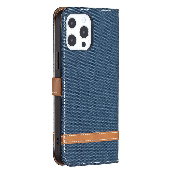 Color Splicing Jeans Cloth Coated PU Leather Phone Case Cover with Wallet Stand for iPhone 13 Pro - Dark Blue - 3