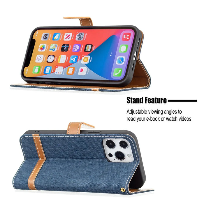 Color Splicing Jeans Cloth Coated PU Leather Phone Case Cover with Wallet Stand for iPhone 13 Pro - Dark Blue - 4