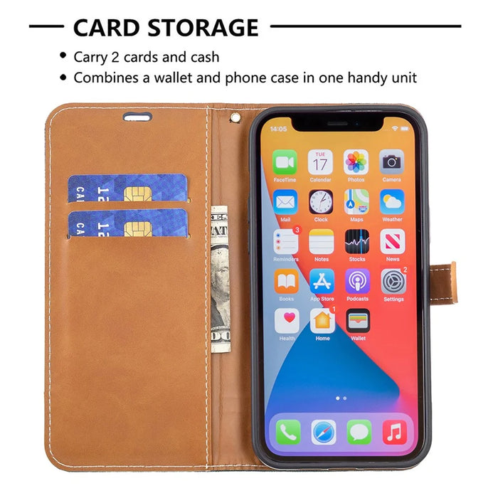 Color Splicing Jeans Cloth Coated PU Leather Phone Case Cover with Wallet Stand for iPhone 13 Pro - Dark Blue - 5