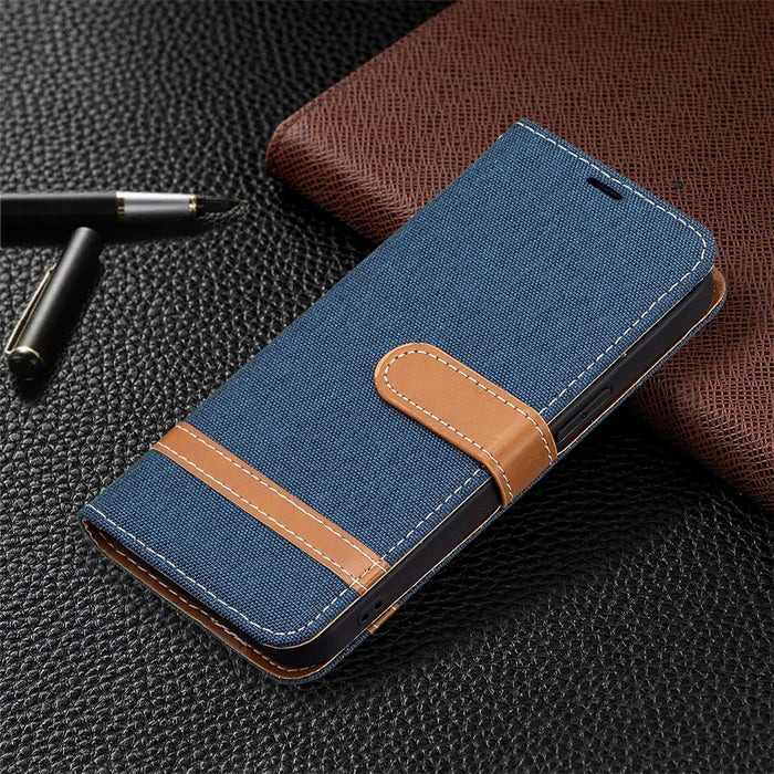 Color Splicing Jeans Cloth Coated PU Leather Phone Case Cover with Wallet Stand for iPhone 13 Pro - Dark Blue - 6