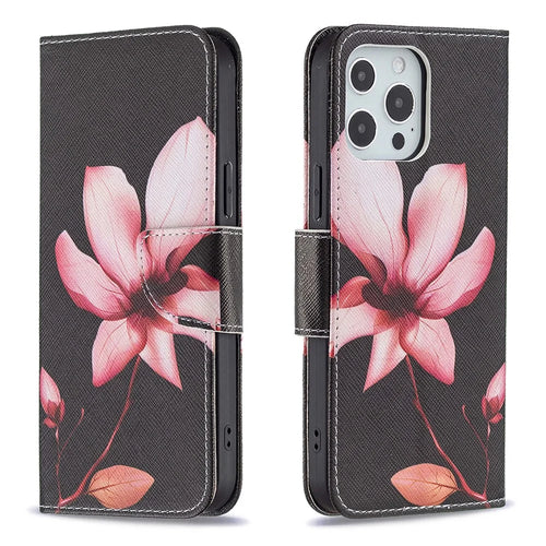 PU Leather Wallet Pattern Printing Stand Feature Magnetic Flip Cover for iPhone 13 Pro 6.1 inch - Lotus - 1