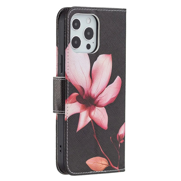 PU Leather Wallet Pattern Printing Stand Feature Magnetic Flip Cover for iPhone 13 Pro 6.1 inch - Lotus - 3