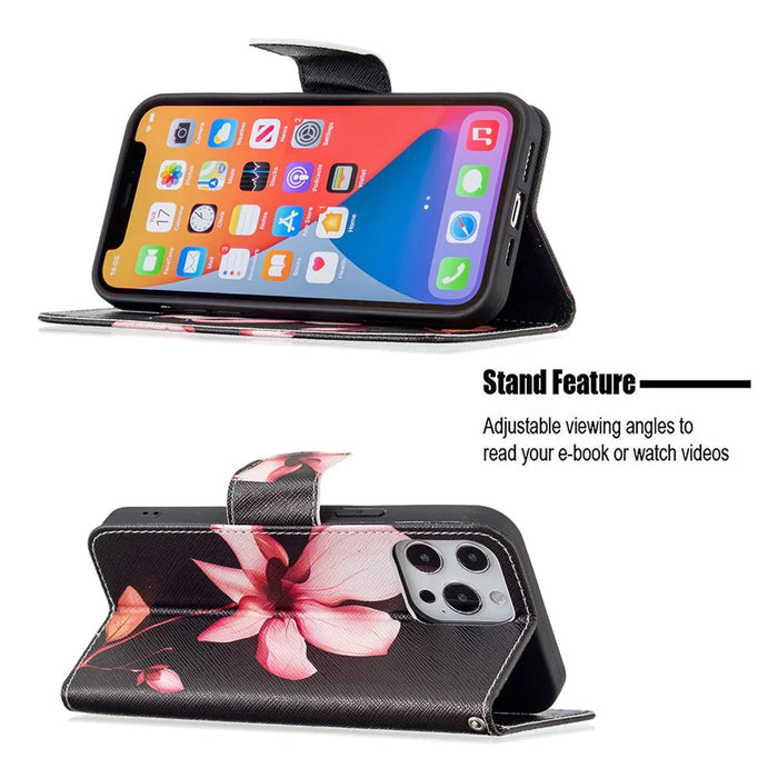 PU Leather Wallet Pattern Printing Stand Feature Magnetic Flip Cover for iPhone 13 Pro 6.1 inch - Lotus - 4