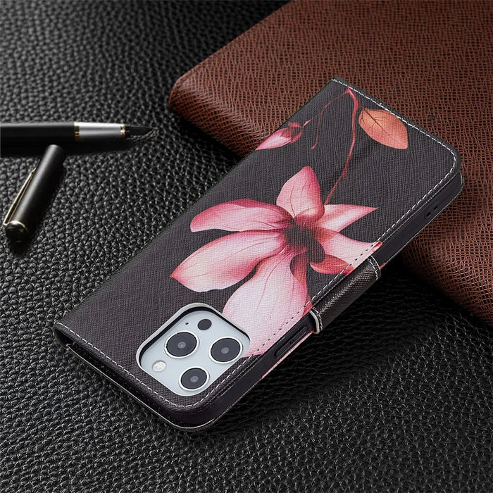 PU Leather Wallet Pattern Printing Stand Feature Magnetic Flip Cover for iPhone 13 Pro 6.1 inch - Lotus - 7