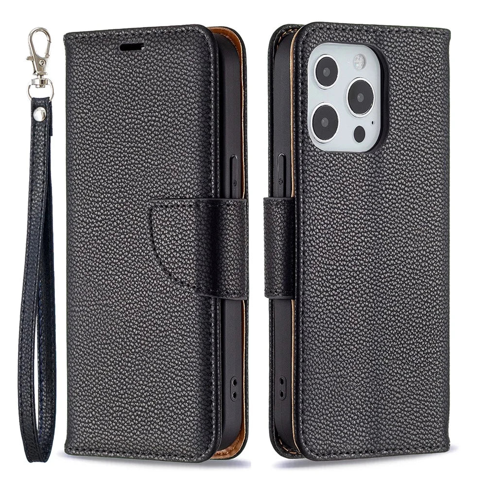 Full Cover Litchi Grain Magnetic Closure Leather Wallet Phone Case for iPhone 13 Pro - Black - 1