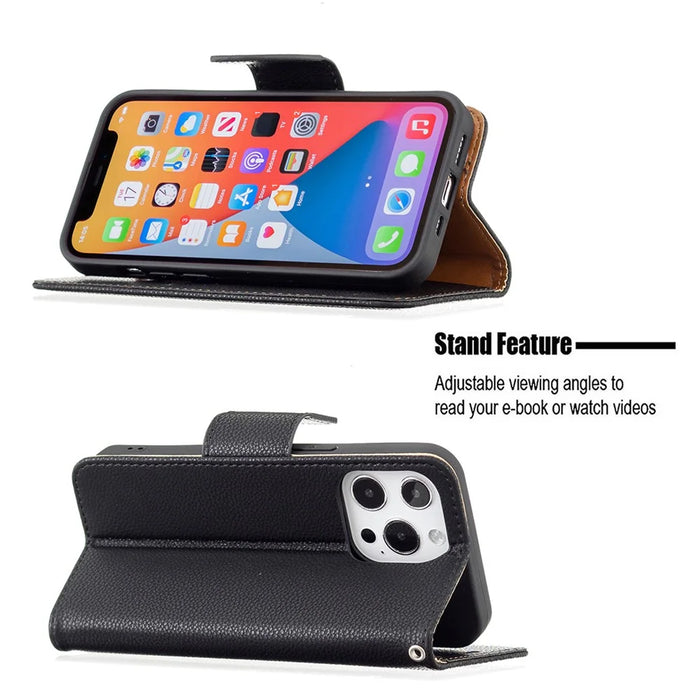 Full Cover Litchi Grain Magnetic Closure Leather Wallet Phone Case for iPhone 13 Pro - Black - 4