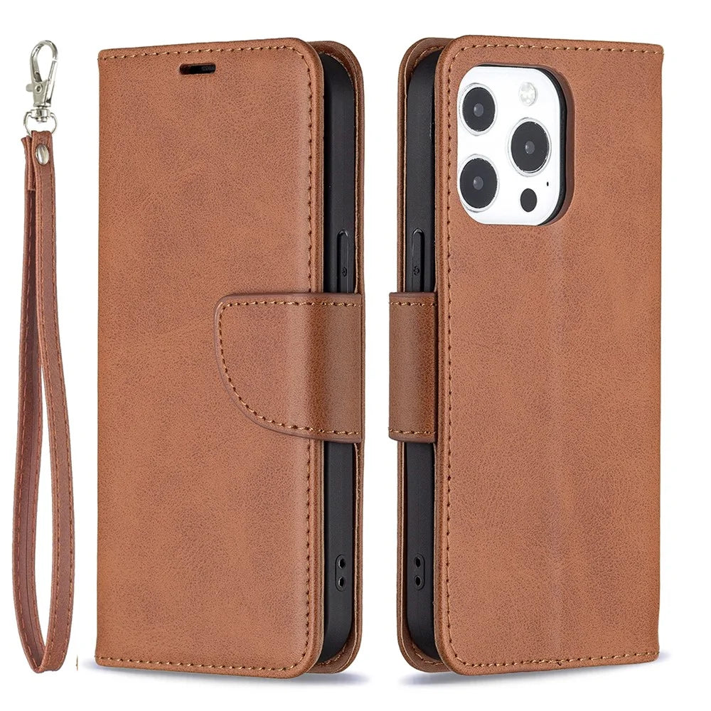 Solid Color PU Leather Wallet Cell Phone Case Shell with Stand for iPhone 13 Pro - Brown - 1