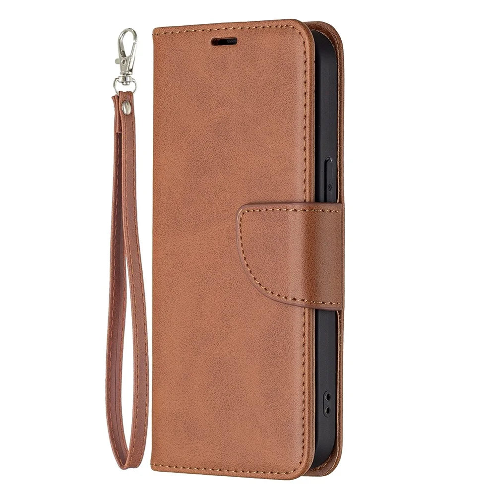 Solid Color PU Leather Wallet Cell Phone Case Shell with Stand for iPhone 13 Pro - Brown - 2