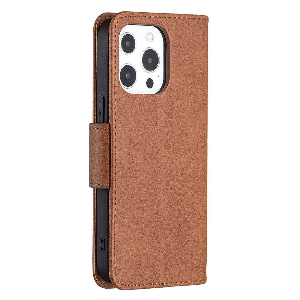 Solid Color PU Leather Wallet Cell Phone Case Shell with Stand for iPhone 13 Pro - Brown - 3