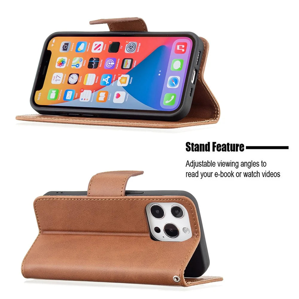 Solid Color PU Leather Wallet Cell Phone Case Shell with Stand for iPhone 13 Pro - Brown - 4
