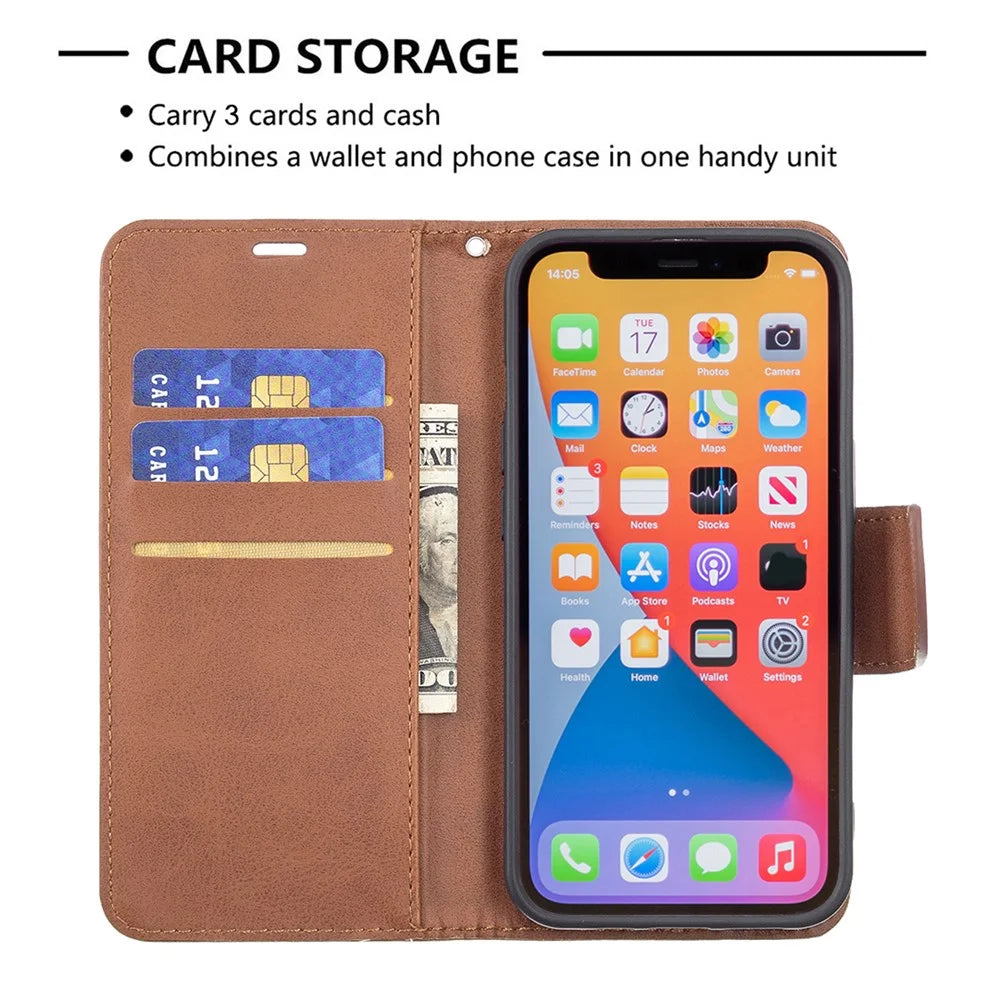 Solid Color PU Leather Wallet Cell Phone Case Shell with Stand for iPhone 13 Pro - Brown - 5