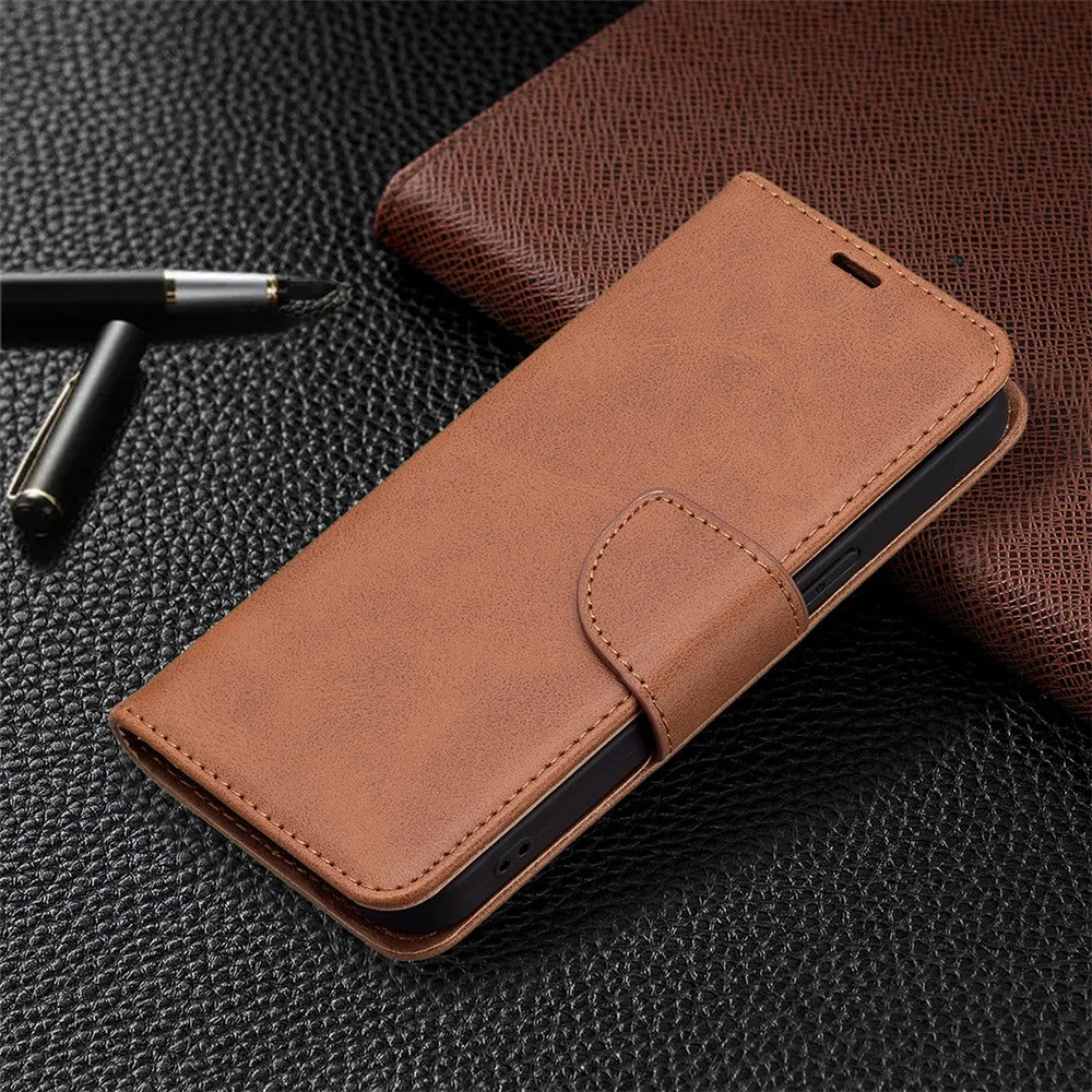 Solid Color PU Leather Wallet Cell Phone Case Shell with Stand for iPhone 13 Pro - Brown - 6