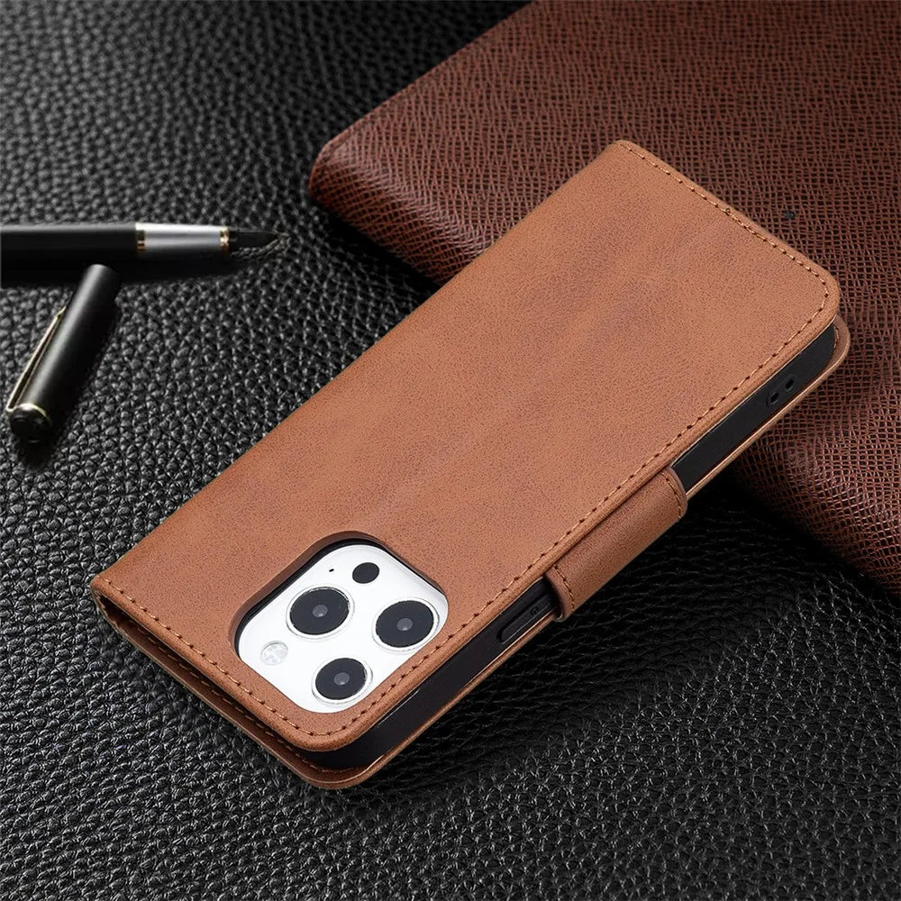 Solid Color PU Leather Wallet Cell Phone Case Shell with Stand for iPhone 13 Pro - Brown - 7