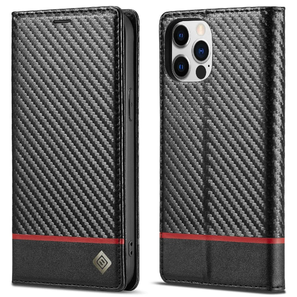 LC.IMEEKE Carbon Fiber Texture PU Leather Stand Case with Wallet for iPhone 12 Pro Max 6.7 inch - Horizontal Red Stripe - 1