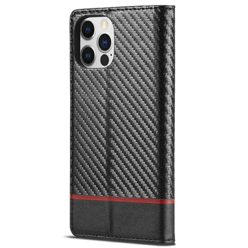 LC.IMEEKE Carbon Fiber Texture PU Leather Stand Case with Wallet for iPhone 12 Pro Max 6.7 inch - Horizontal Red Stripe - 2