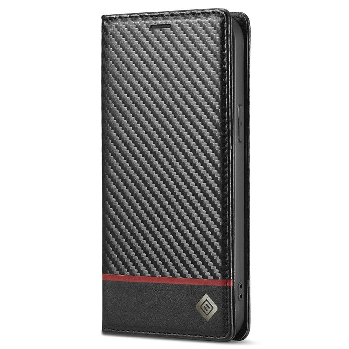 LC.IMEEKE Carbon Fiber Texture PU Leather Stand Case with Wallet for iPhone 12 Pro Max 6.7 inch - Horizontal Red Stripe - 3