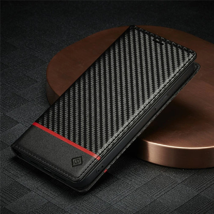 LC.IMEEKE Carbon Fiber Texture PU Leather Stand Case with Wallet for iPhone 12 Pro Max 6.7 inch - Horizontal Red Stripe - 6