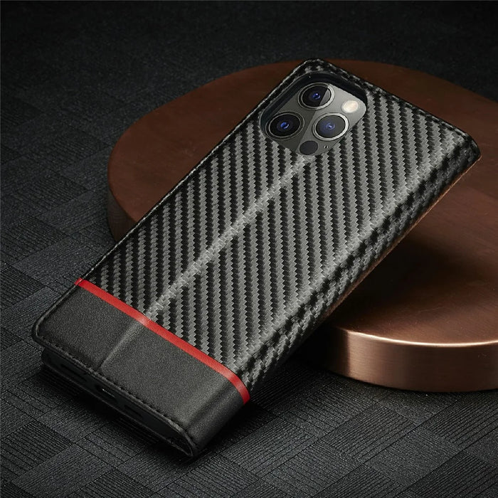 LC.IMEEKE Carbon Fiber Texture PU Leather Stand Case with Wallet for iPhone 12 Pro Max 6.7 inch - Horizontal Red Stripe - 7