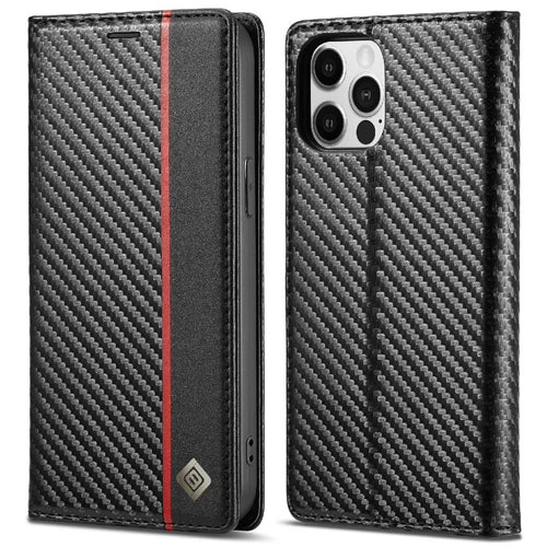 LC.IMEEKE Carbon Fiber Texture Full Protection Leather Stand Wallet Case Shell for iPhone 12 / 12 Pro - Vertical Red Stripe - 1