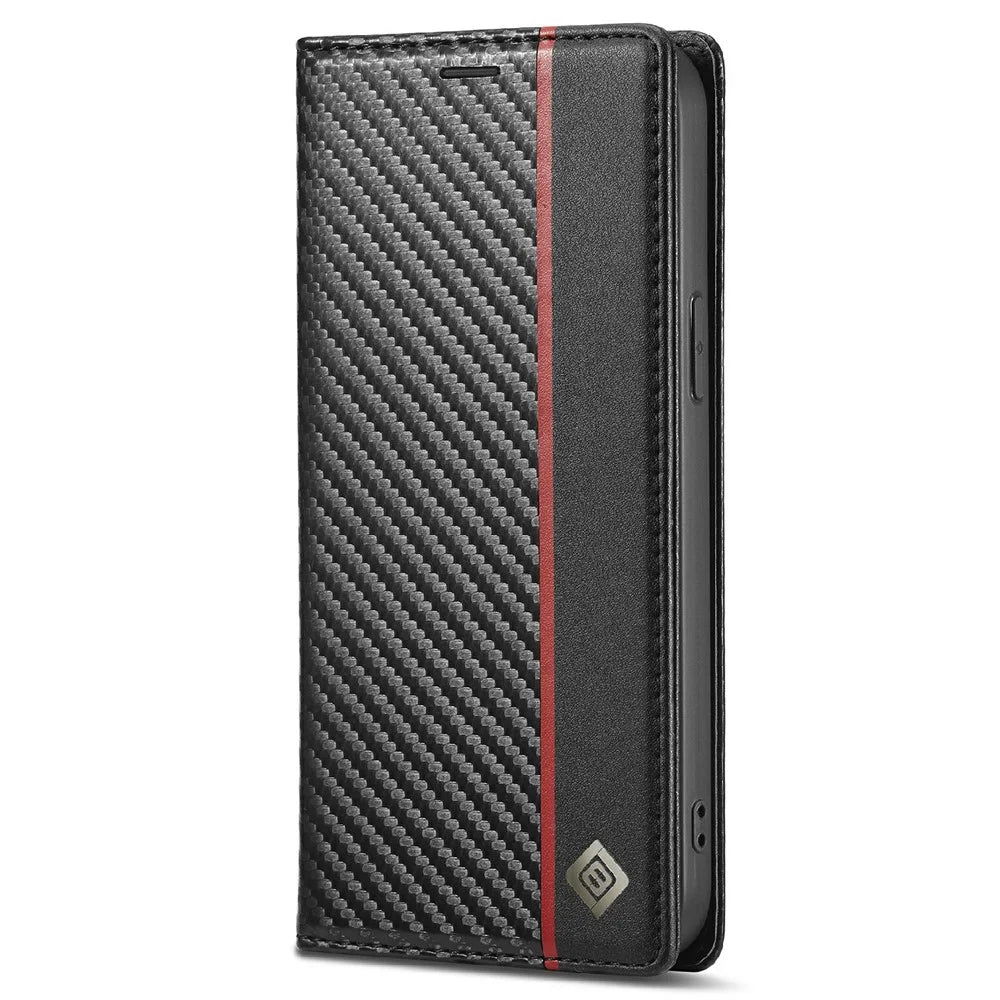 LC.IMEEKE Carbon Fiber Texture Full Protection Leather Stand Wallet Case Shell for iPhone 12 / 12 Pro - Vertical Red Stripe - 2