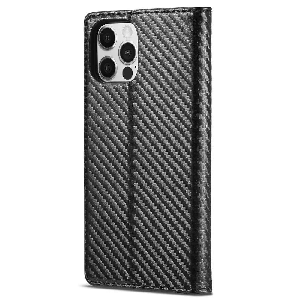 LC.IMEEKE Carbon Fiber Texture Full Protection Leather Stand Wallet Case Shell for iPhone 12 / 12 Pro - Vertical Red Stripe - 3
