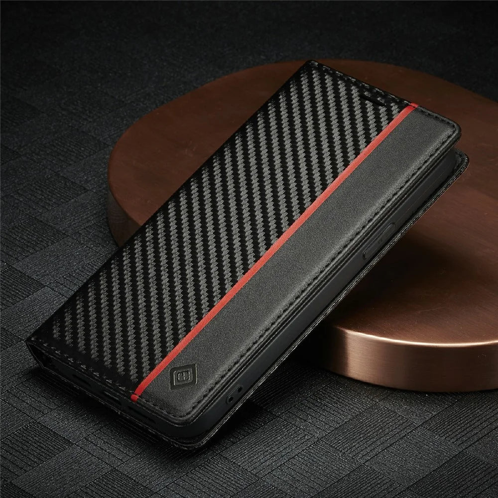 LC.IMEEKE Carbon Fiber Texture Full Protection Leather Stand Wallet Case Shell for iPhone 12 / 12 Pro - Vertical Red Stripe - 6