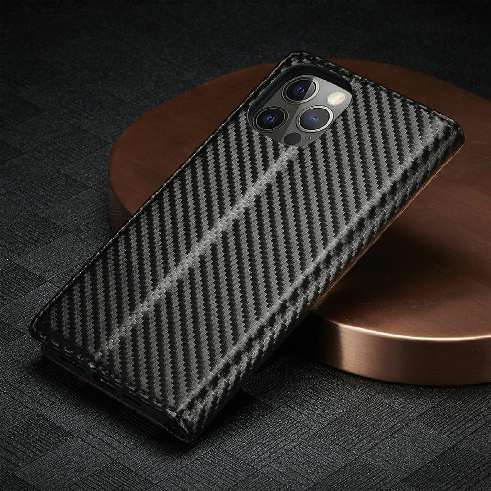 LC.IMEEKE Carbon Fiber Texture Full Protection Leather Stand Wallet Case Shell for iPhone 12 / 12 Pro - Vertical Red Stripe - 7