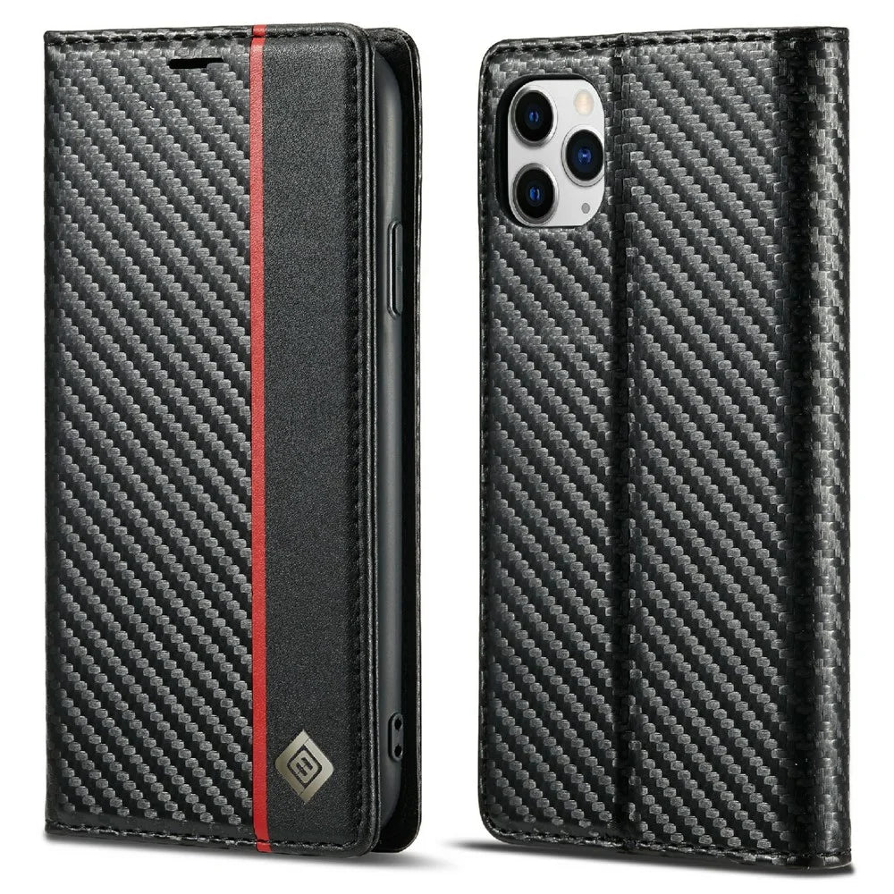 LC.IMEEKE Carbon Fiber Texture Stand Wallet Leather Phone Shell Cover for iPhone 11 Pro 5.8 inch - Vertical Red Stripe - 1