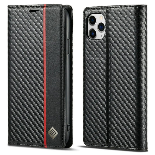 LC.IMEEKE Carbon Fiber Texture Stand Wallet Leather Phone Shell Cover for iPhone 11 Pro 5.8 inch - Vertical Red Stripe - 1