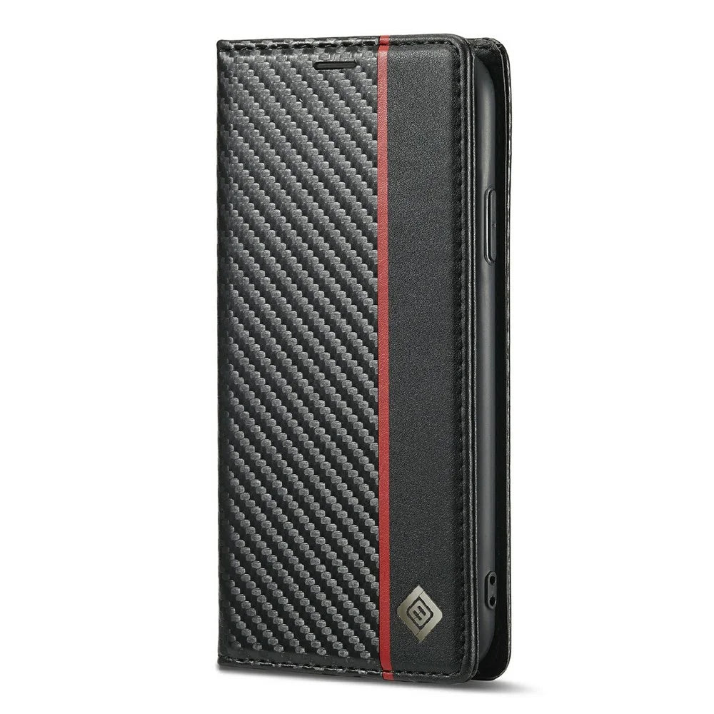 LC.IMEEKE Carbon Fiber Texture Stand Wallet Leather Phone Shell Cover for iPhone 11 Pro 5.8 inch - Vertical Red Stripe - 2