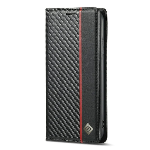 LC.IMEEKE Carbon Fiber Texture Stand Wallet Leather Phone Shell Cover for iPhone 11 Pro 5.8 inch - Vertical Red Stripe - 2