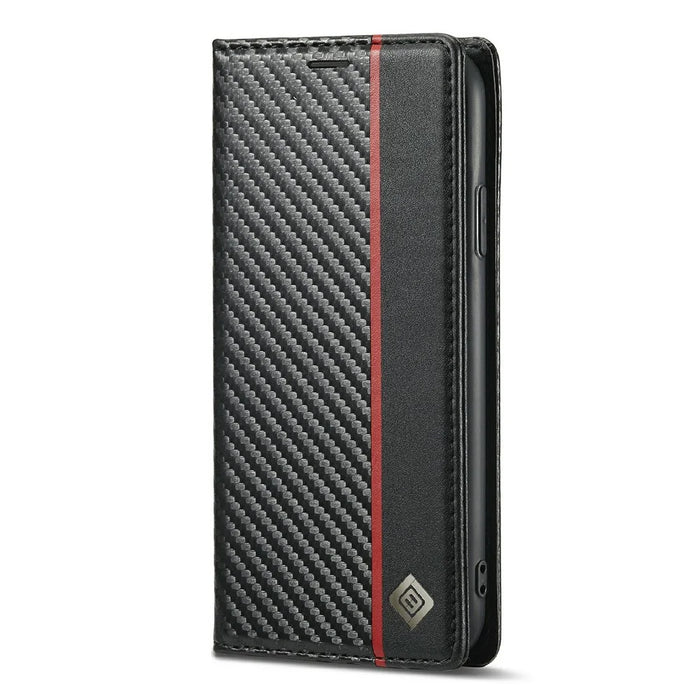 LC.IMEEKE Carbon Fiber Texture Stand Wallet Leather Phone Shell Cover for iPhone 11 Pro 5.8 inch - Vertical Red Stripe - 2