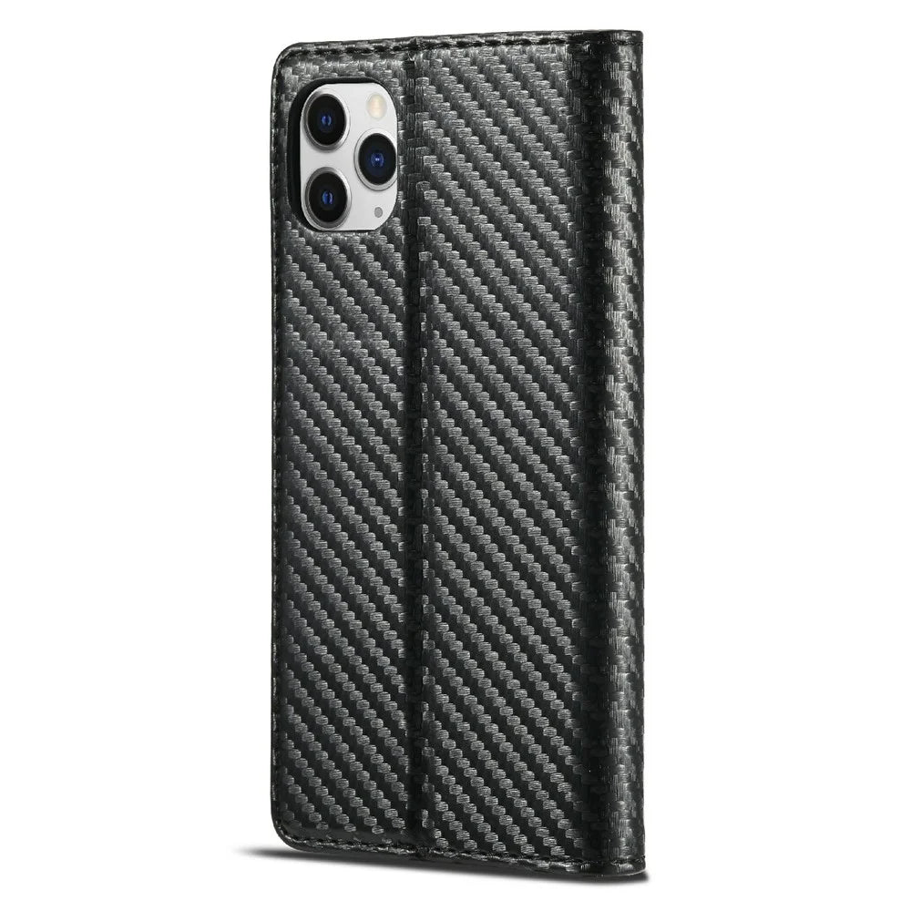 LC.IMEEKE Carbon Fiber Texture Stand Wallet Leather Phone Shell Cover for iPhone 11 Pro 5.8 inch - Vertical Red Stripe - 3
