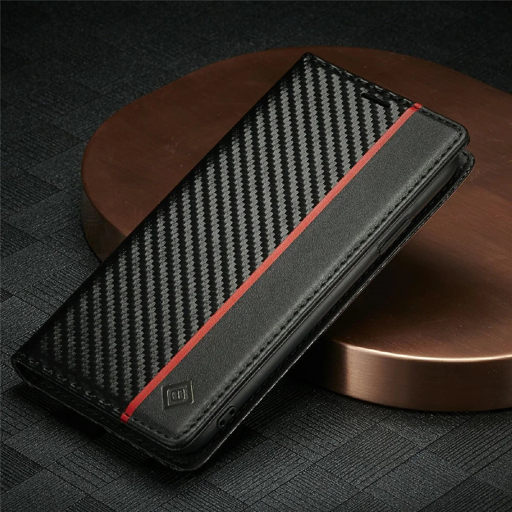 LC.IMEEKE Carbon Fiber Texture Stand Wallet Leather Phone Shell Cover for iPhone 11 Pro 5.8 inch - Vertical Red Stripe - 6