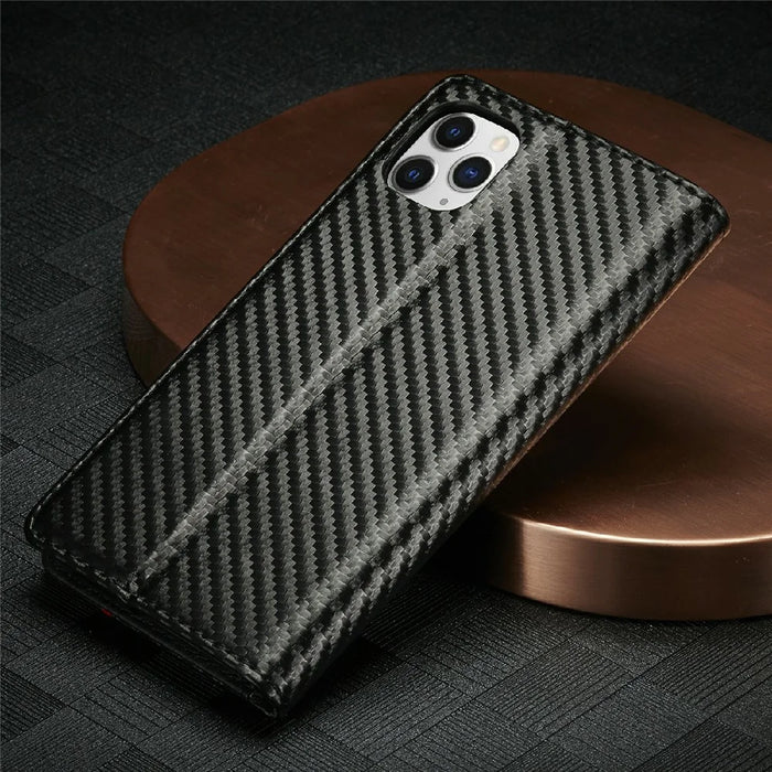 LC.IMEEKE Carbon Fiber Texture Stand Wallet Leather Phone Shell Cover for iPhone 11 Pro 5.8 inch - Vertical Red Stripe - 7