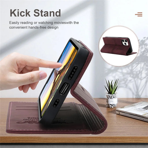 Fantasy Scratch Resistant Leather Phone Wallet Cover Shell with Auto-Absorbed for iPhone 13 6.1 inch - Wine Red - 2