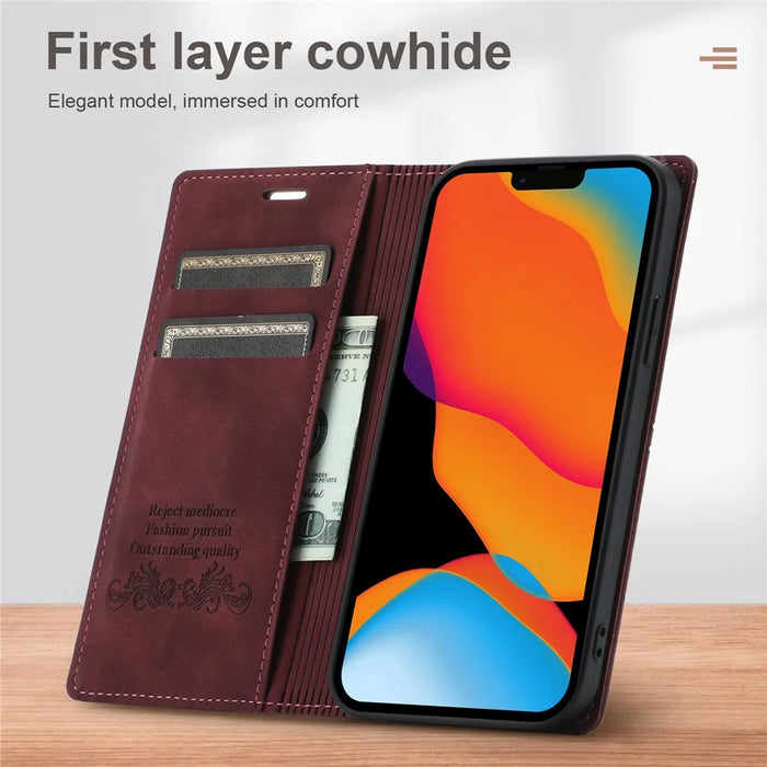 Fantasy Scratch Resistant Leather Phone Wallet Cover Shell with Auto-Absorbed for iPhone 13 6.1 inch - Wine Red - 3