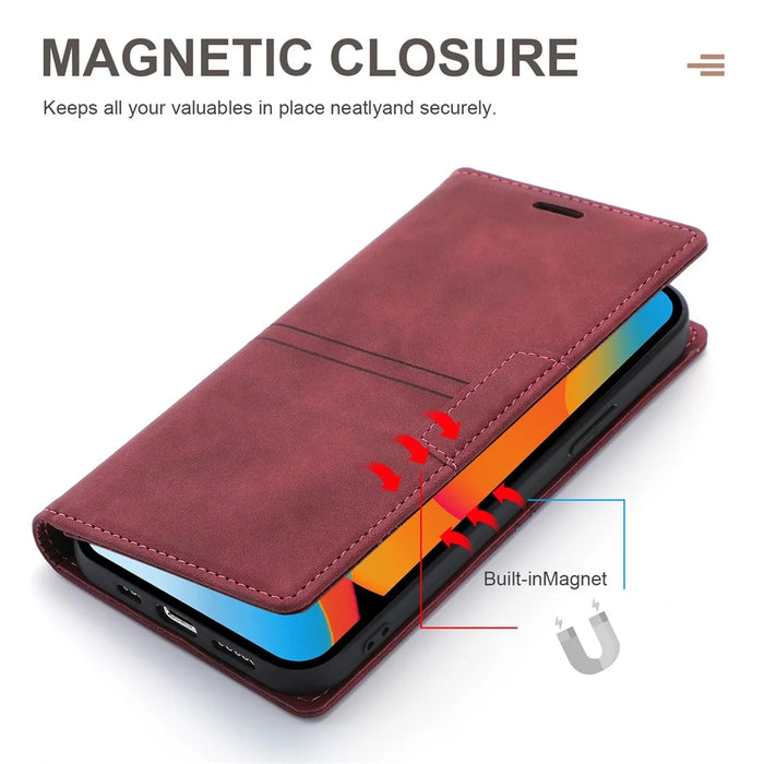 Fantasy Scratch Resistant Leather Phone Wallet Cover Shell with Auto-Absorbed for iPhone 13 6.1 inch - Wine Red - 5