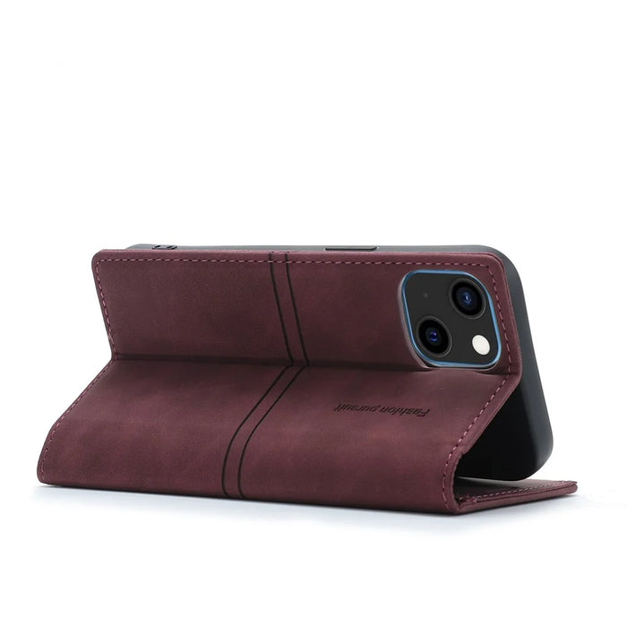 Fantasy Scratch Resistant Leather Phone Wallet Cover Shell with Auto-Absorbed for iPhone 13 6.1 inch - Wine Red - 7