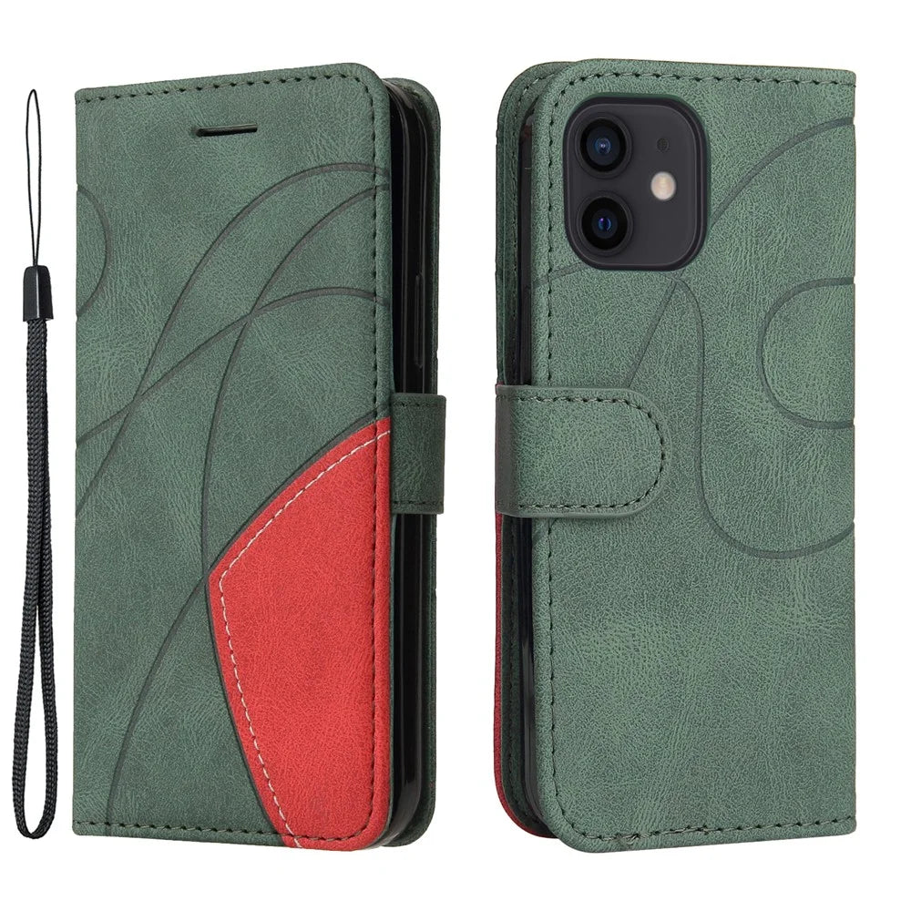 For iPhone 13 mini 5.4 inch Leather Case Wallet Stand Color Splicing Phone Cover - Green - 1