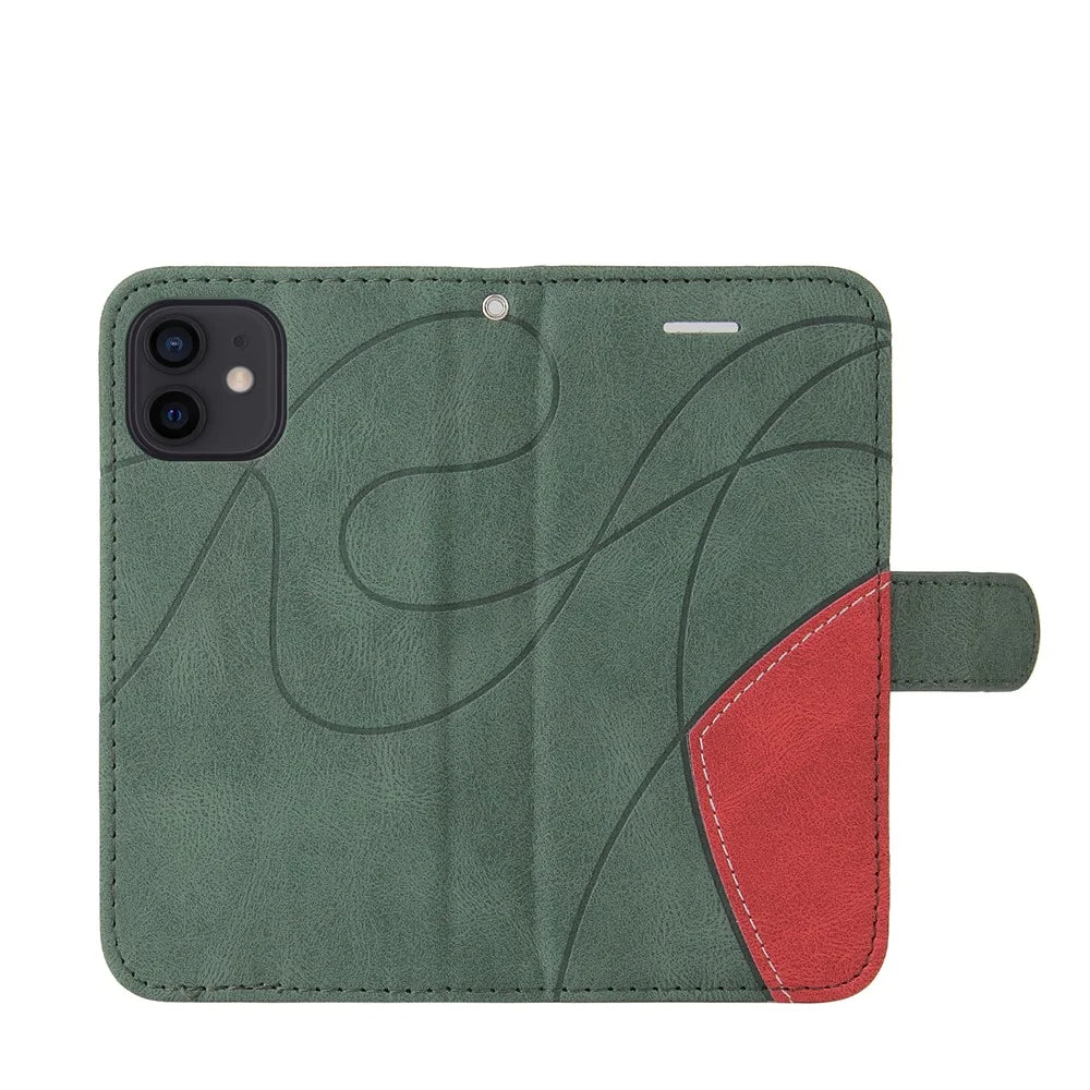 For iPhone 13 mini 5.4 inch Leather Case Wallet Stand Color Splicing Phone Cover - Green - 6