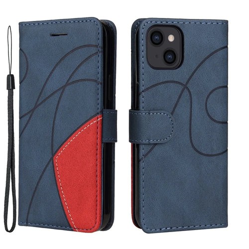 For iPhone 13 6.1 inch Leather Case Wallet Stand Color Splicing Phone Cover - Blue - 1
