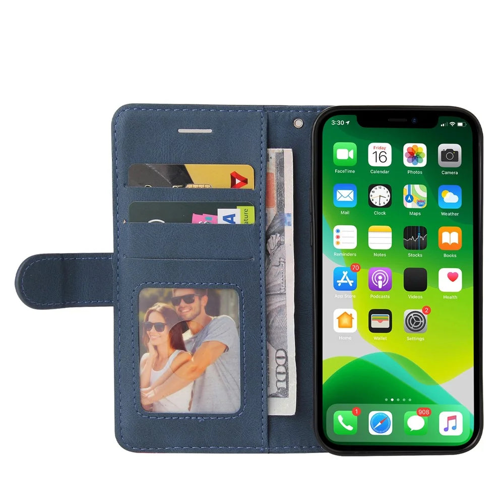 For iPhone 13 6.1 inch Leather Case Wallet Stand Color Splicing Phone Cover - Blue - 4