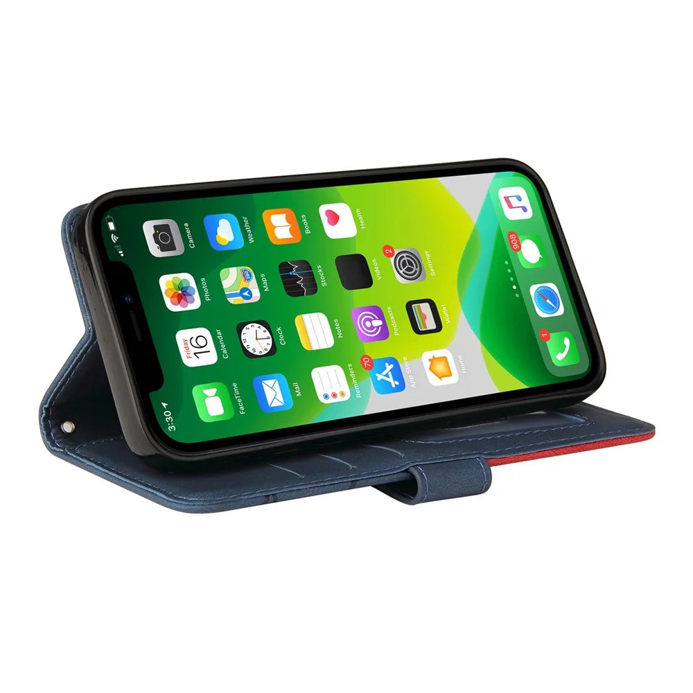 For iPhone 13 6.1 inch Leather Case Wallet Stand Color Splicing Phone Cover - Blue - 5