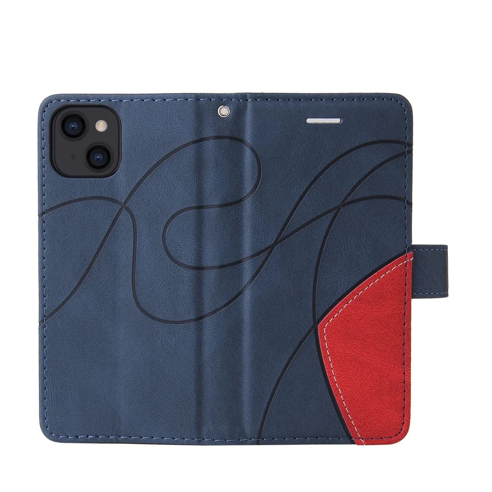 For iPhone 13 6.1 inch Leather Case Wallet Stand Color Splicing Phone Cover - Blue - 6